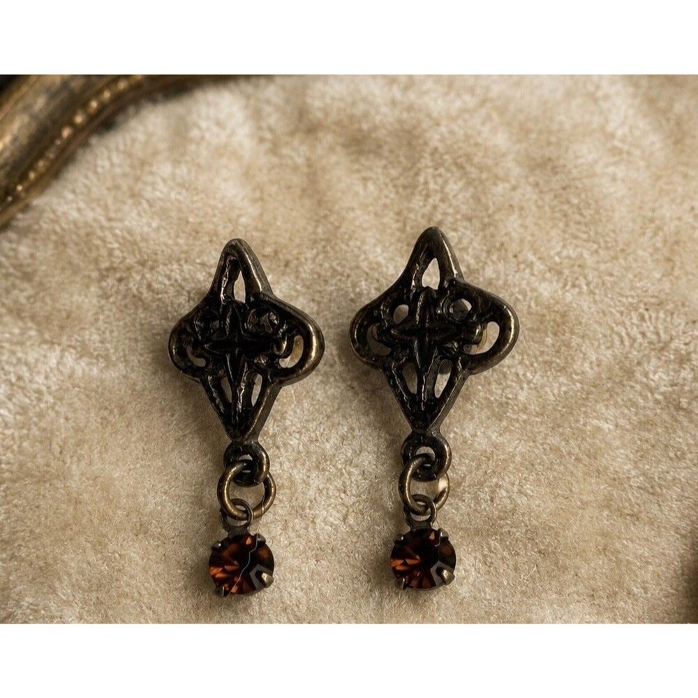 Vintage Mid Century Amber Rhinestone Silver Tone Filigree Dangle Earrings 1950s